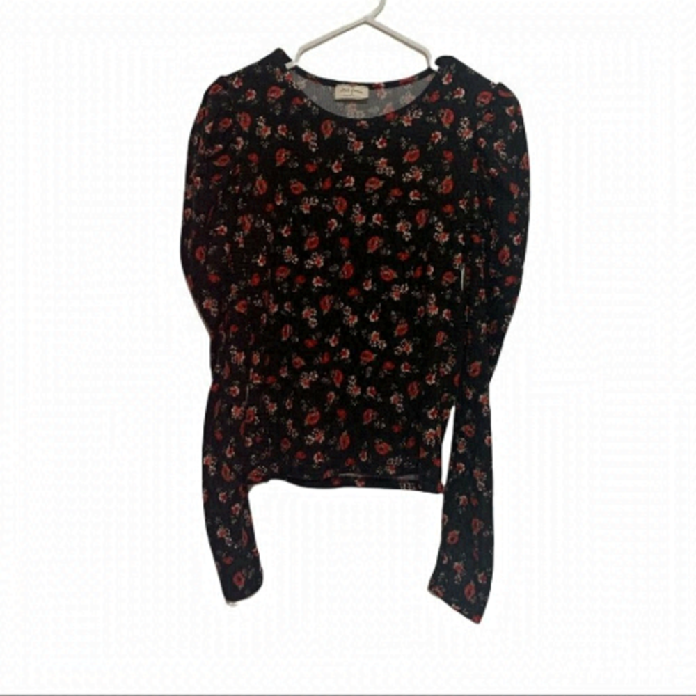Floral Rib Knit Puff Shoulder Long Sleeve Top Free Kisses Size Small